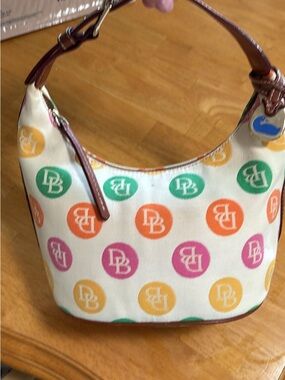 Dooney & Bourke Cream Multicolor Logo Hobo Bag with Brown Leather‎ Strap